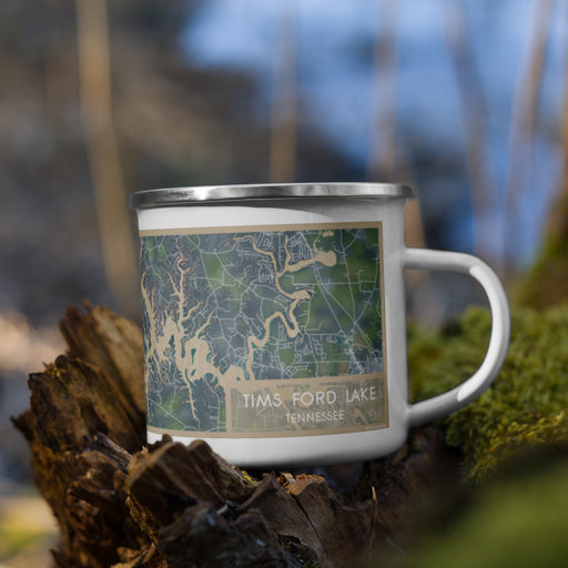 Right View Custom Tims Ford Lake Tennessee Map Enamel Mug in Afternoon on Grass With Trees in Background