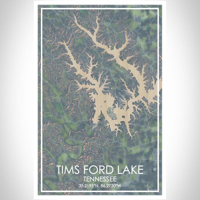 Tims Ford Lake Tennessee Map Print Portrait Orientation in Afternoon Style With Shaded Background