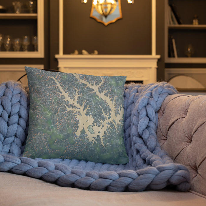 Custom Tims Ford Lake Tennessee Map Throw Pillow in Afternoon on Cream Colored Couch