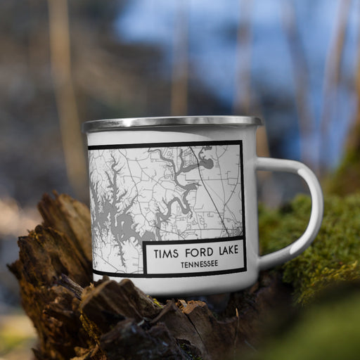 Right View Custom Tims Ford Lake Tennessee Map Enamel Mug in Classic on Grass With Trees in Background