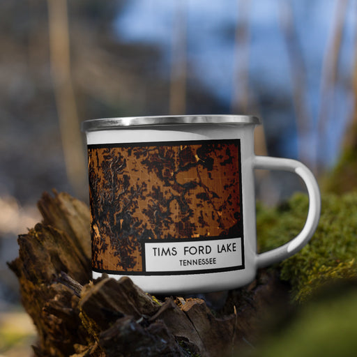 Right View Custom Tims Ford Lake Tennessee Map Enamel Mug in Ember on Grass With Trees in Background