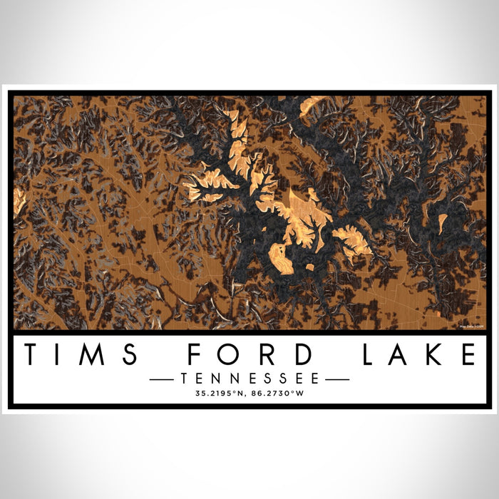 Tims Ford Lake Tennessee Map Print Landscape Orientation in Ember Style With Shaded Background