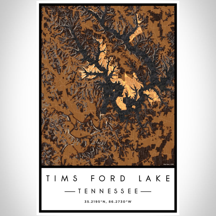Tims Ford Lake Tennessee Map Print Portrait Orientation in Ember Style With Shaded Background