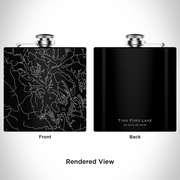 Rendered View of Tims Ford Lake Tennessee Map Engraving on 6oz Stainless Steel Flask in Black