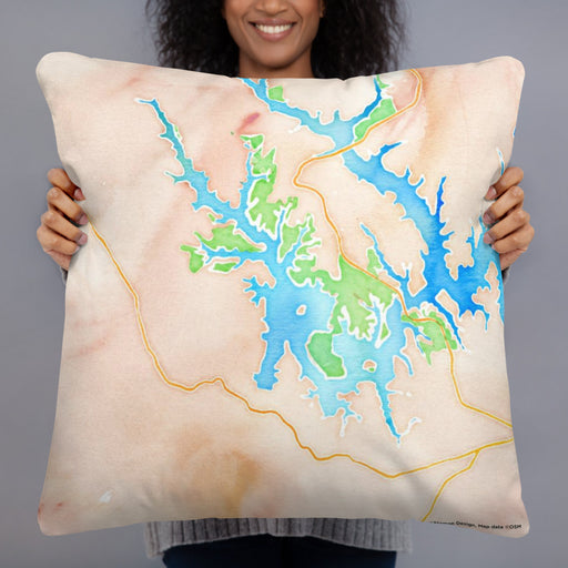 Person holding 22x22 Custom Tims Ford Lake Tennessee Map Throw Pillow in Watercolor