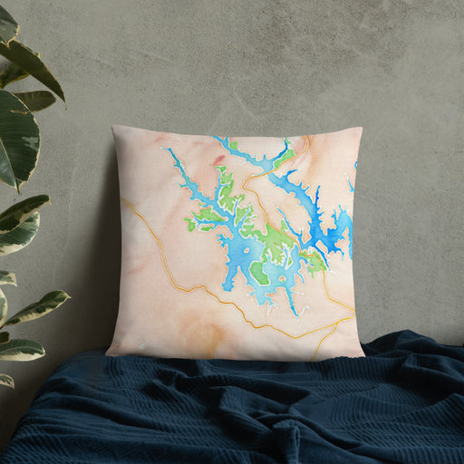 Custom Tims Ford Lake Tennessee Map Throw Pillow in Watercolor on Bedding Against Wall