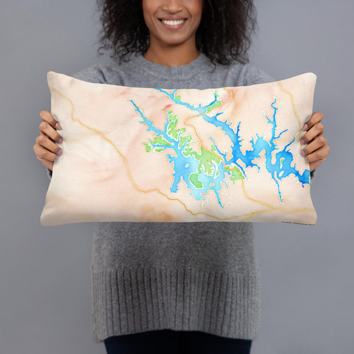 Person holding 20x12 Custom Tims Ford Lake Tennessee Map Throw Pillow in Watercolor