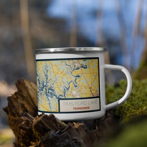 Right View Custom Tims Ford Lake Tennessee Map Enamel Mug in Woodblock on Grass With Trees in Background