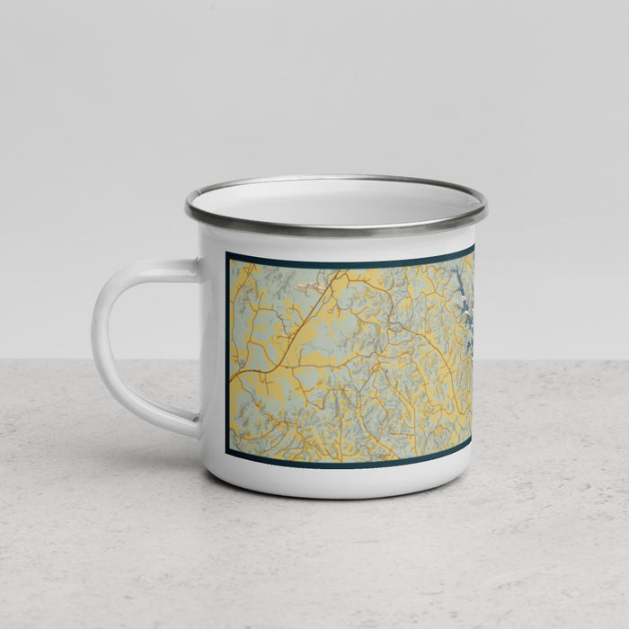 Left View Custom Tims Ford Lake Tennessee Map Enamel Mug in Woodblock