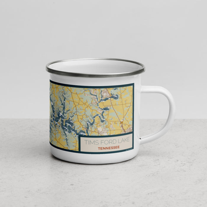 Right View Custom Tims Ford Lake Tennessee Map Enamel Mug in Woodblock