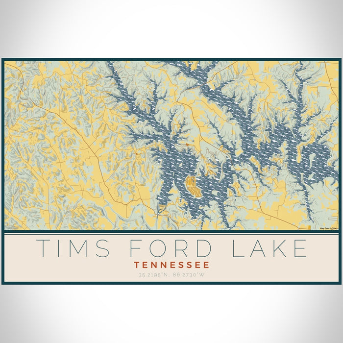 Tims Ford Lake Tennessee Map Print Landscape Orientation in Woodblock Style With Shaded Background