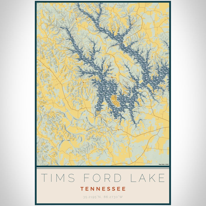 Tims Ford Lake Tennessee Map Print Portrait Orientation in Woodblock Style With Shaded Background