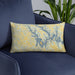 Custom Tims Ford Lake Tennessee Map Throw Pillow in Woodblock on Blue Colored Chair