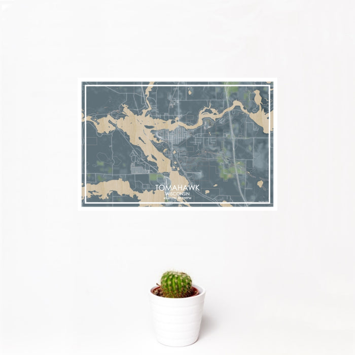 12x18 Tomahawk Wisconsin Map Print Landscape Orientation in Afternoon Style With Small Cactus Plant in White Planter