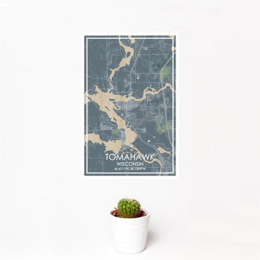 12x18 Tomahawk Wisconsin Map Print Portrait Orientation in Afternoon Style With Small Cactus Plant in White Planter