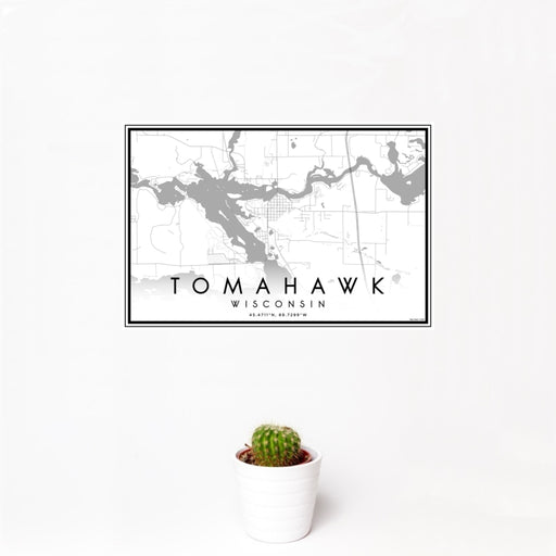 12x18 Tomahawk Wisconsin Map Print Landscape Orientation in Classic Style With Small Cactus Plant in White Planter