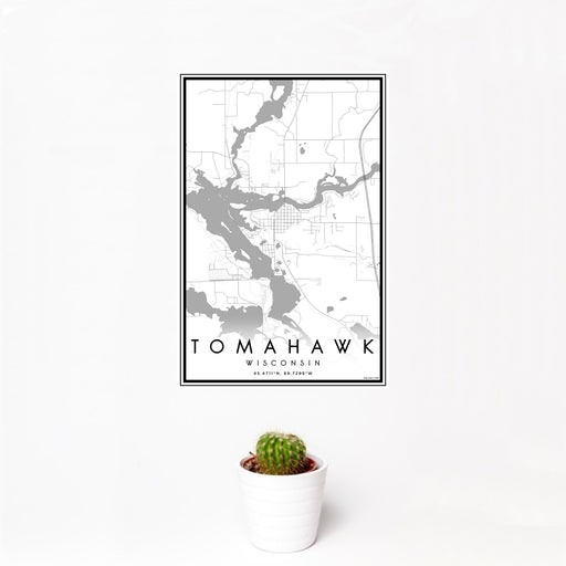 12x18 Tomahawk Wisconsin Map Print Portrait Orientation in Classic Style With Small Cactus Plant in White Planter