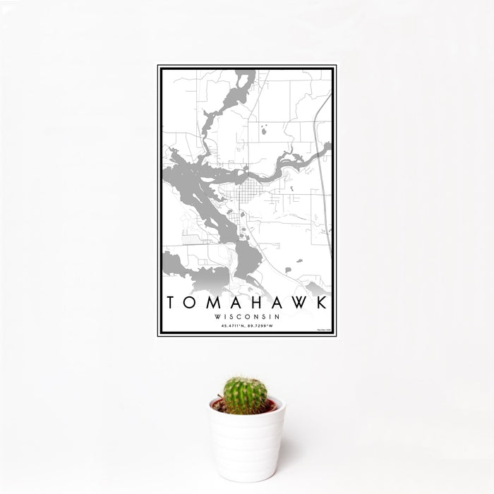 12x18 Tomahawk Wisconsin Map Print Portrait Orientation in Classic Style With Small Cactus Plant in White Planter