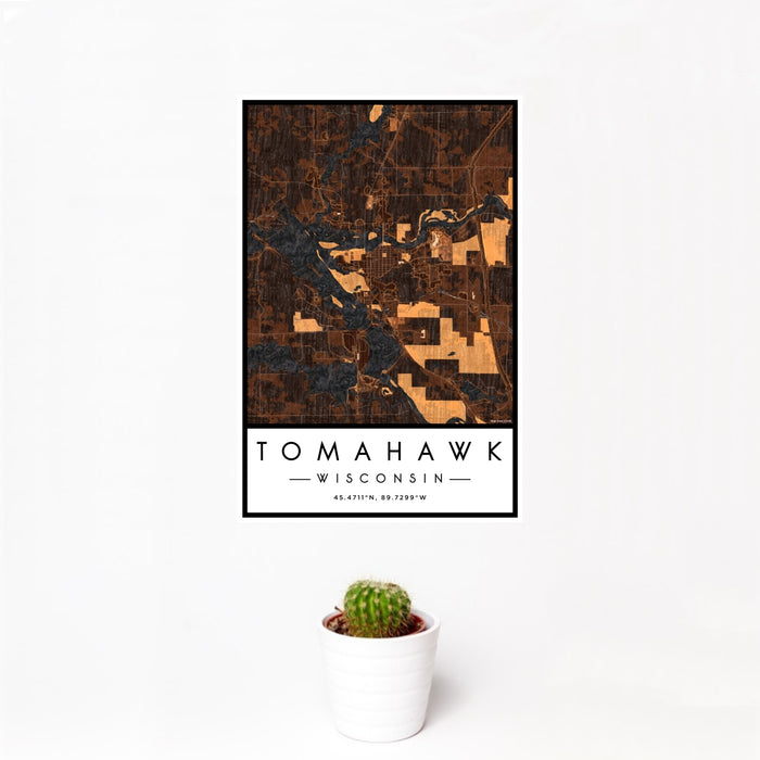 12x18 Tomahawk Wisconsin Map Print Portrait Orientation in Ember Style With Small Cactus Plant in White Planter