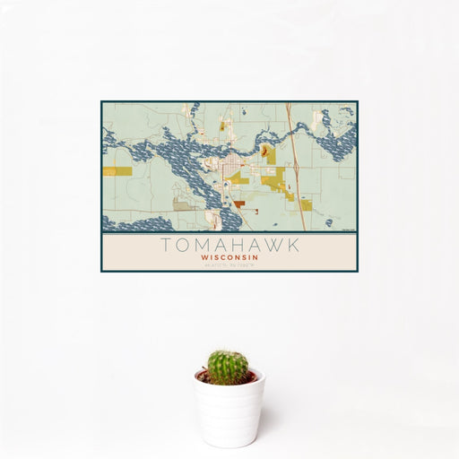 12x18 Tomahawk Wisconsin Map Print Landscape Orientation in Woodblock Style With Small Cactus Plant in White Planter