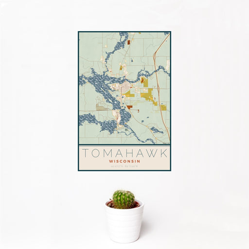 12x18 Tomahawk Wisconsin Map Print Portrait Orientation in Woodblock Style With Small Cactus Plant in White Planter