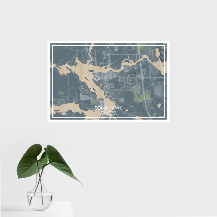 16x24 Tomahawk Wisconsin Map Print Landscape Orientation in Afternoon Style With Tropical Plant Leaves in Water