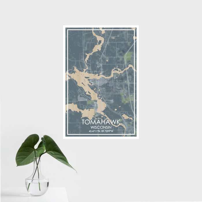 16x24 Tomahawk Wisconsin Map Print Portrait Orientation in Afternoon Style With Tropical Plant Leaves in Water