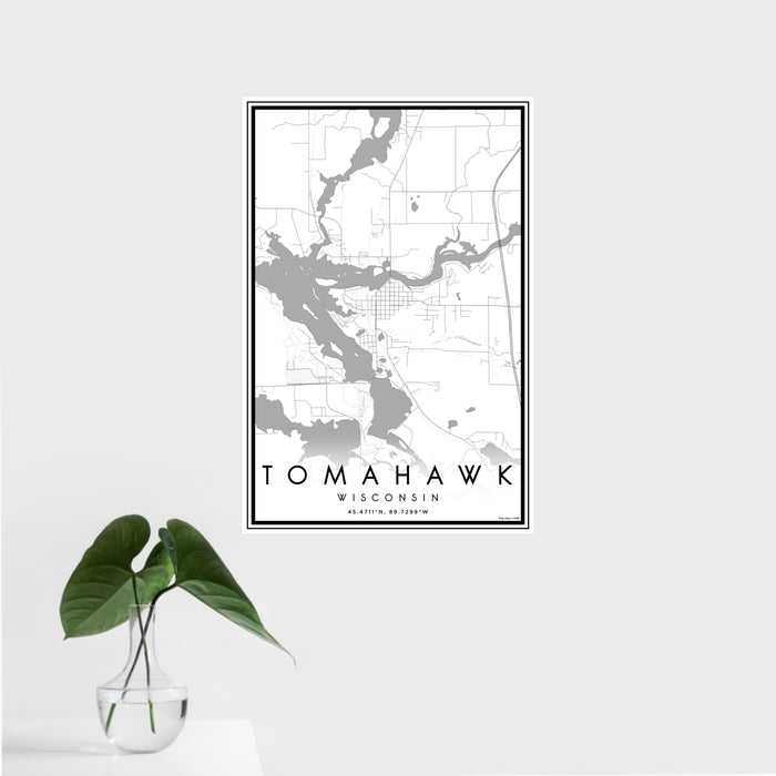 16x24 Tomahawk Wisconsin Map Print Portrait Orientation in Classic Style With Tropical Plant Leaves in Water
