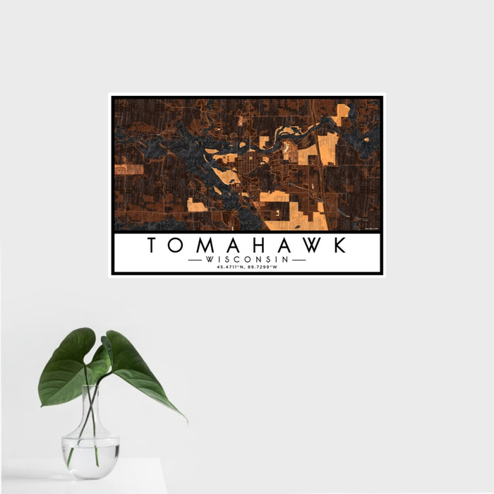 16x24 Tomahawk Wisconsin Map Print Landscape Orientation in Ember Style With Tropical Plant Leaves in Water