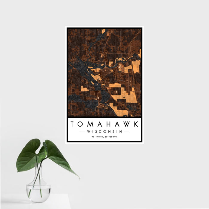 16x24 Tomahawk Wisconsin Map Print Portrait Orientation in Ember Style With Tropical Plant Leaves in Water
