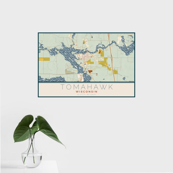 16x24 Tomahawk Wisconsin Map Print Landscape Orientation in Woodblock Style With Tropical Plant Leaves in Water