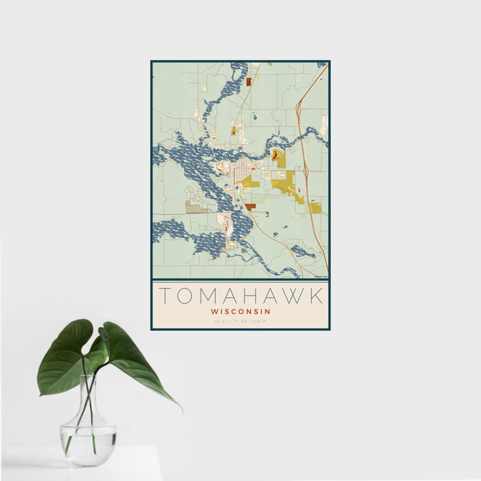 16x24 Tomahawk Wisconsin Map Print Portrait Orientation in Woodblock Style With Tropical Plant Leaves in Water