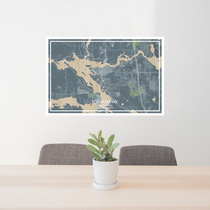 24x36 Tomahawk Wisconsin Map Print Lanscape Orientation in Afternoon Style Behind 2 Chairs Table and Potted Plant