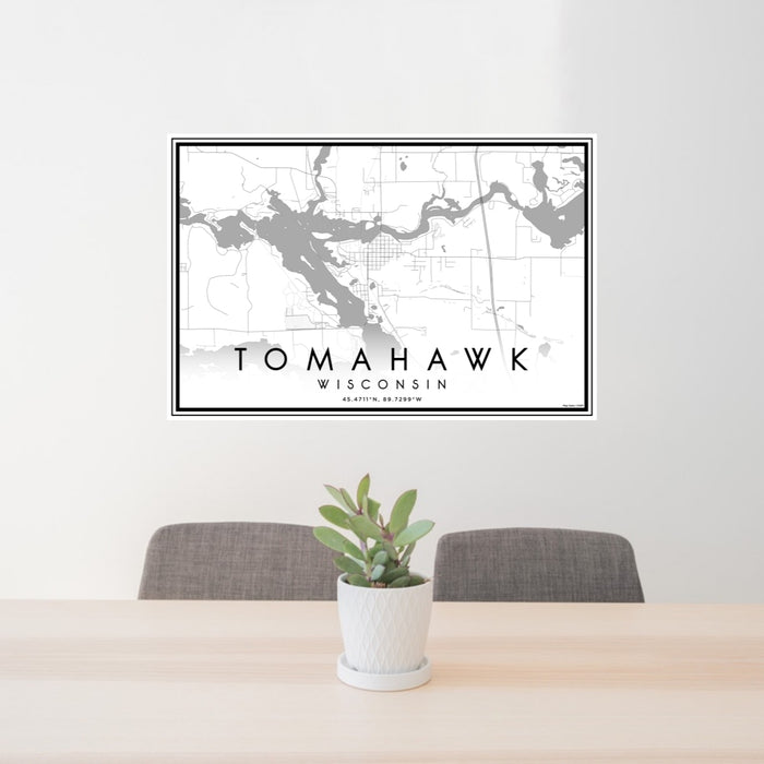 24x36 Tomahawk Wisconsin Map Print Lanscape Orientation in Classic Style Behind 2 Chairs Table and Potted Plant