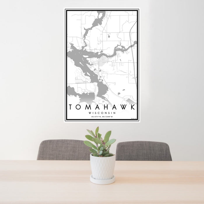 24x36 Tomahawk Wisconsin Map Print Portrait Orientation in Classic Style Behind 2 Chairs Table and Potted Plant