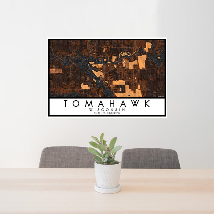 24x36 Tomahawk Wisconsin Map Print Lanscape Orientation in Ember Style Behind 2 Chairs Table and Potted Plant