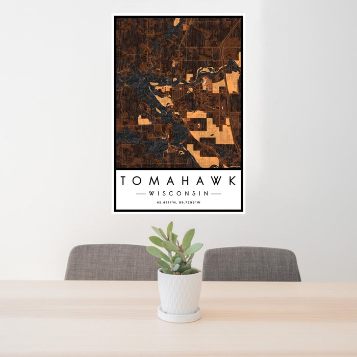 24x36 Tomahawk Wisconsin Map Print Portrait Orientation in Ember Style Behind 2 Chairs Table and Potted Plant