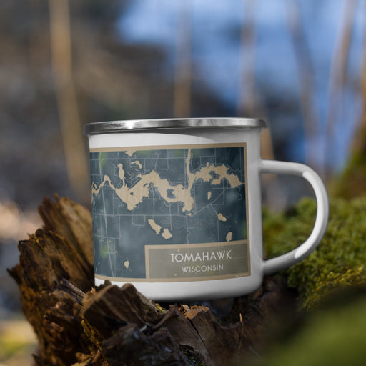 Right View Custom Tomahawk Wisconsin Map Enamel Mug in Afternoon on Grass With Trees in Background