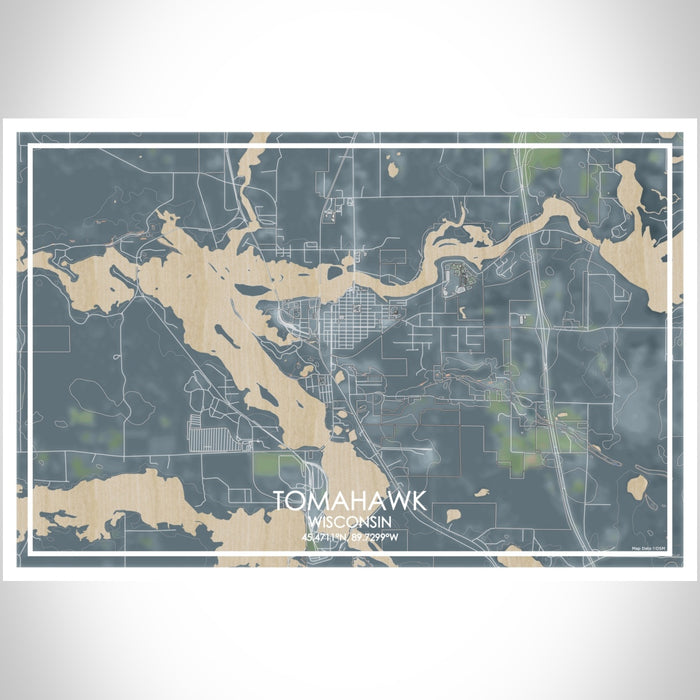 Tomahawk Wisconsin Map Print Landscape Orientation in Afternoon Style With Shaded Background