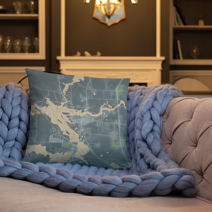 Custom Tomahawk Wisconsin Map Throw Pillow in Afternoon on Cream Colored Couch