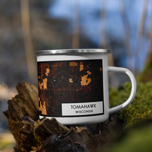 Right View Custom Tomahawk Wisconsin Map Enamel Mug in Ember on Grass With Trees in Background