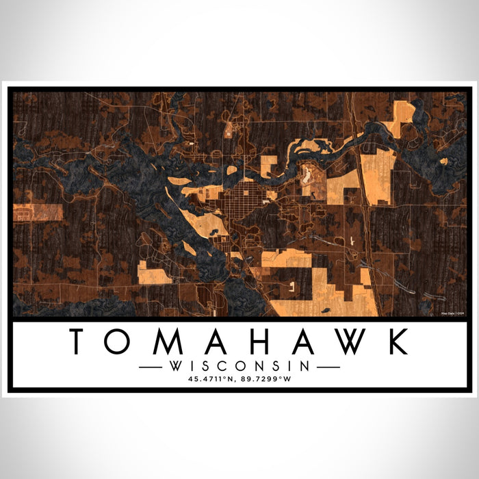 Tomahawk Wisconsin Map Print Landscape Orientation in Ember Style With Shaded Background