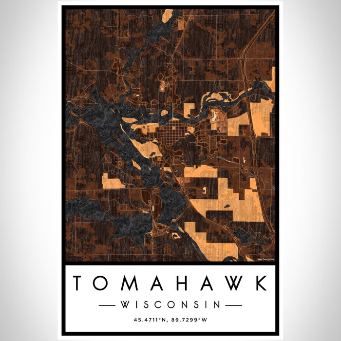 Tomahawk Wisconsin Map Print Portrait Orientation in Ember Style With Shaded Background