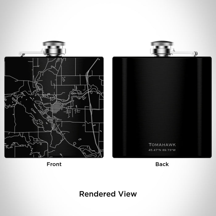 Rendered View of Tomahawk Wisconsin Map Engraving on 6oz Stainless Steel Flask in Black
