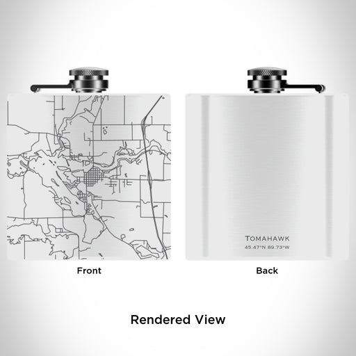 Rendered View of Tomahawk Wisconsin Map Engraving on 6oz Stainless Steel Flask in White
