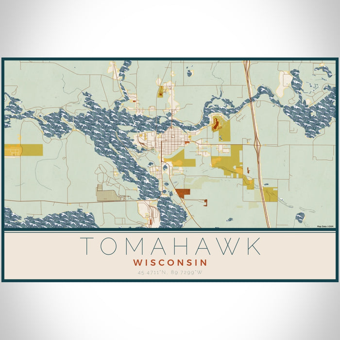 Tomahawk Wisconsin Map Print Landscape Orientation in Woodblock Style With Shaded Background