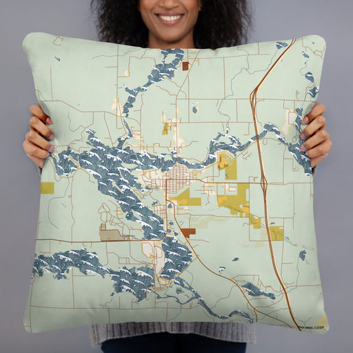 Person holding 22x22 Custom Tomahawk Wisconsin Map Throw Pillow in Woodblock