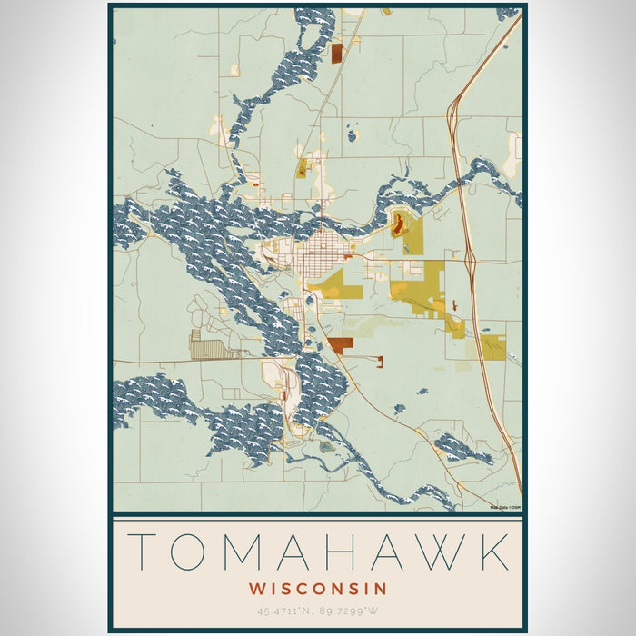 Tomahawk Wisconsin Map Print Portrait Orientation in Woodblock Style With Shaded Background