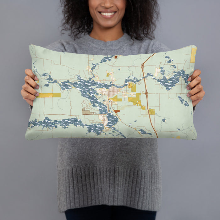 Person holding 20x12 Custom Tomahawk Wisconsin Map Throw Pillow in Woodblock