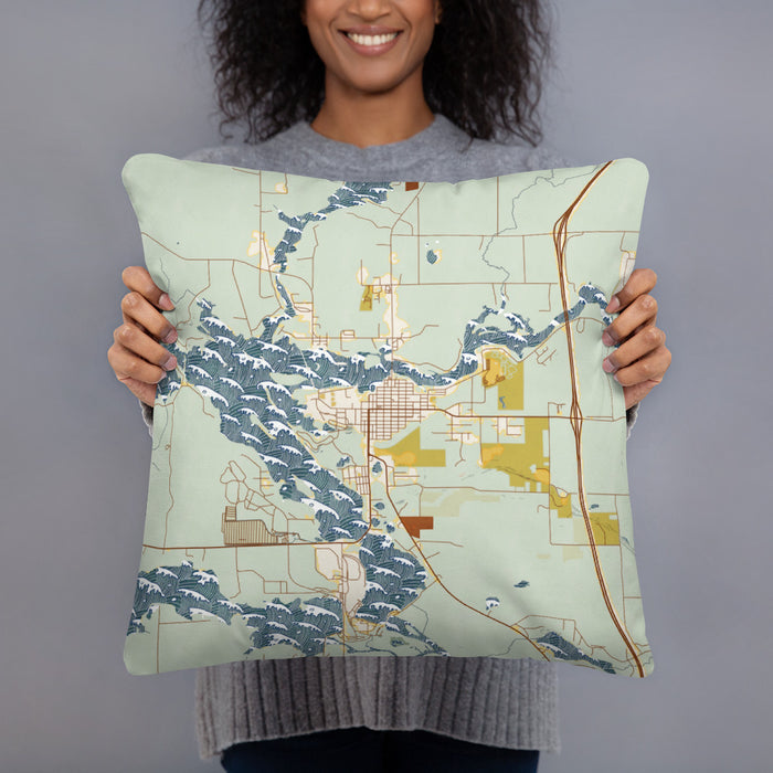 Person holding 18x18 Custom Tomahawk Wisconsin Map Throw Pillow in Woodblock